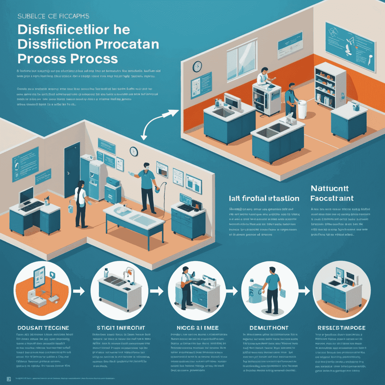 Infografika zobrazujúca 6 krokov procesu dezinfekcie, od počiatočnej konzultácie až po záverečnú kontrolu