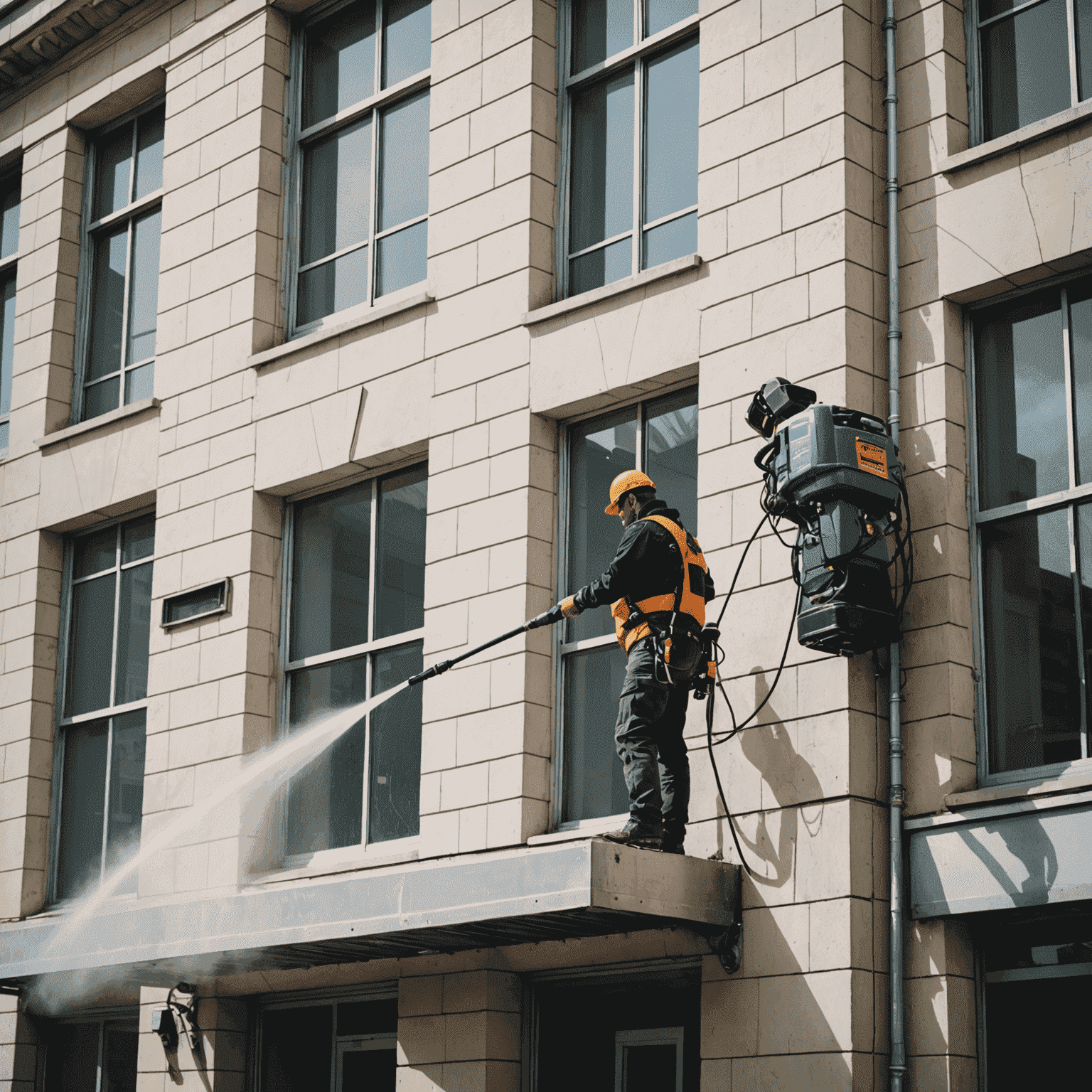 Proces čistenia fasády budovy pomocou vysokotlakového čističa